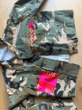 Camo Button-Down Shirt with Pink Patch Accents